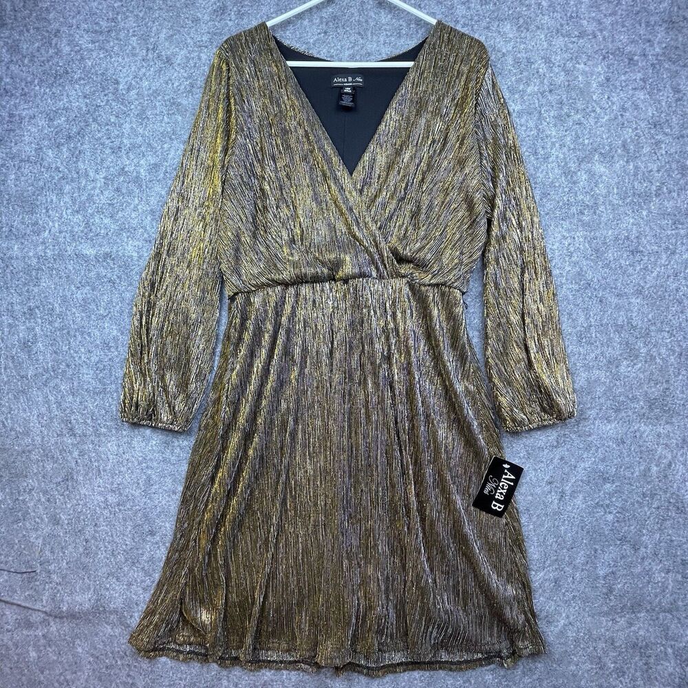 Alexa B Nites Dress 14W Gold Black Metallicβ Glam Flowy Party Holiday Shiny